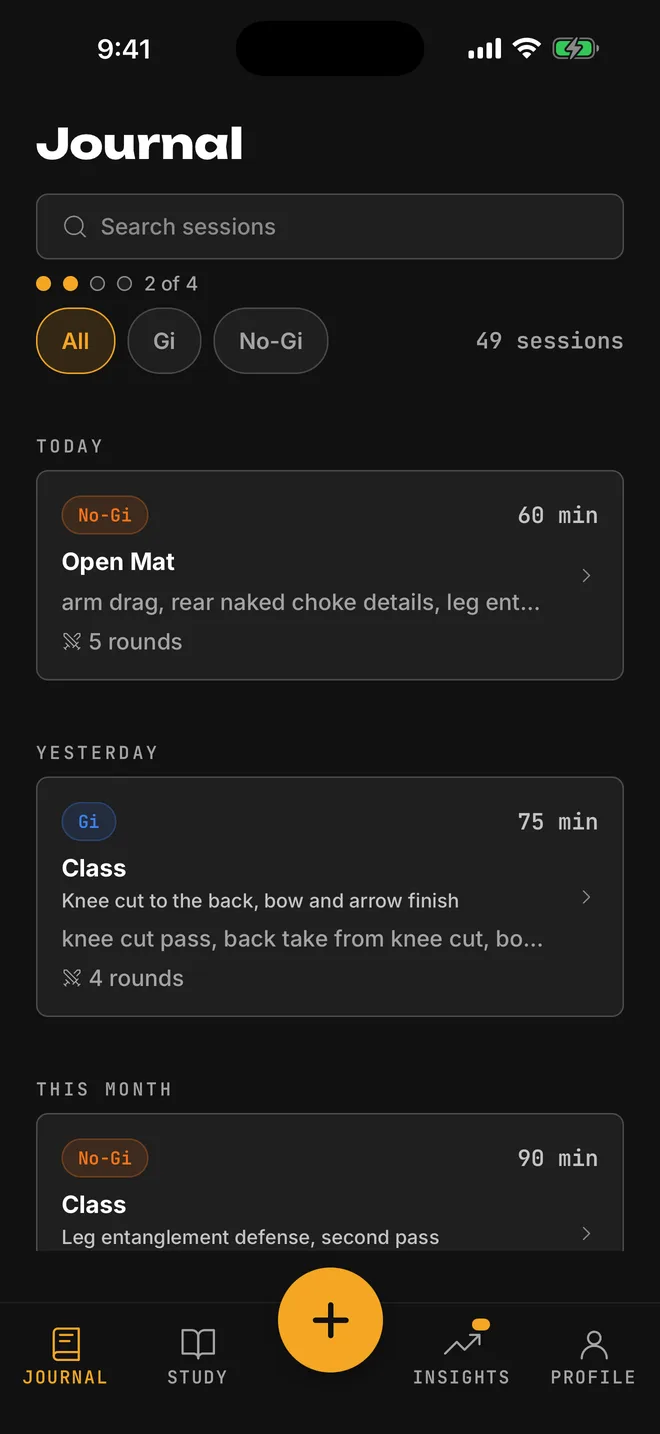 TOMO journal screen listing past sessions with gi and no-gi filters