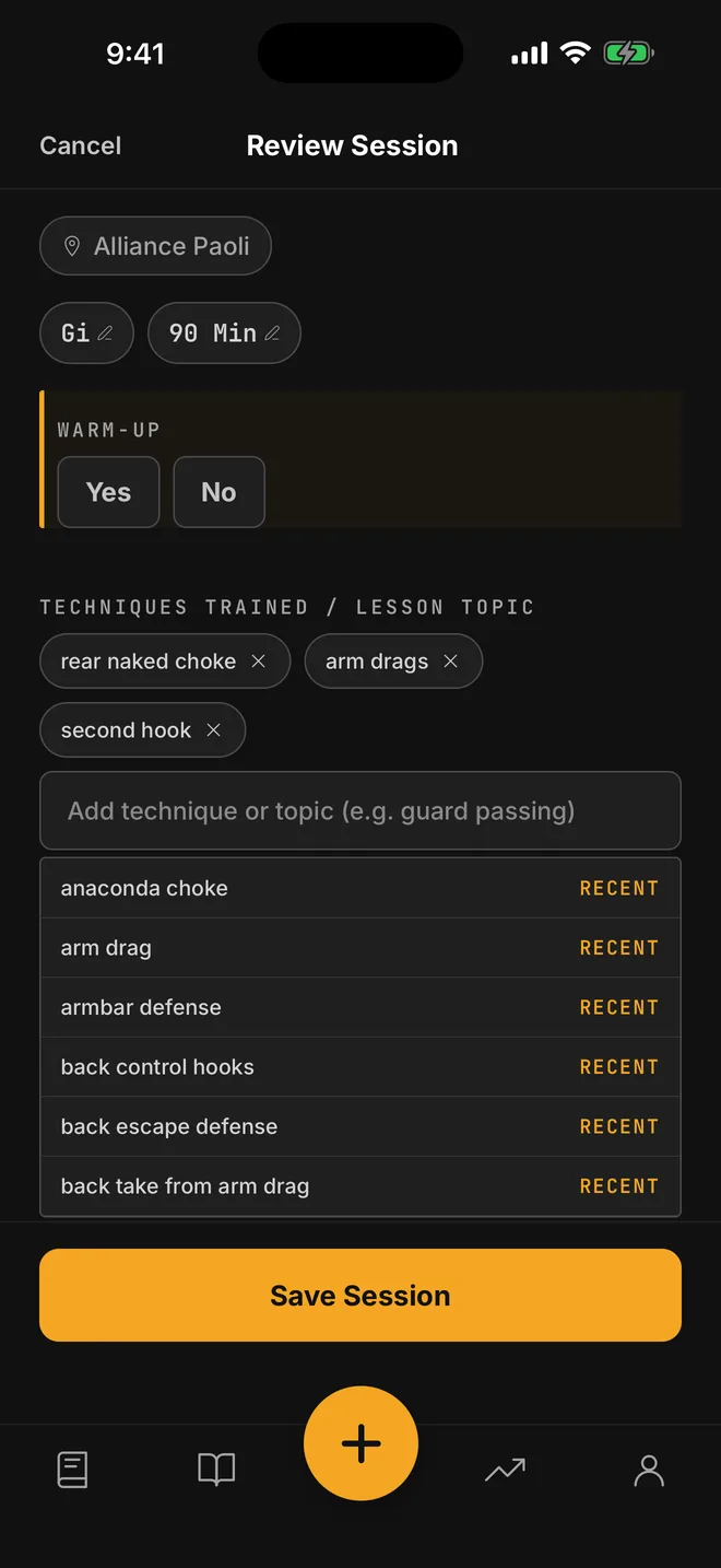 TOMO review screen showing techniques pulled from the voice note, with a save button