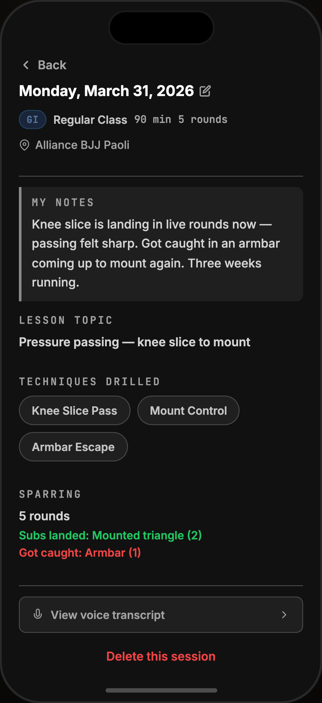 TOMO session detail screen showing a logged training session with techniques drilled, rounds, and notes