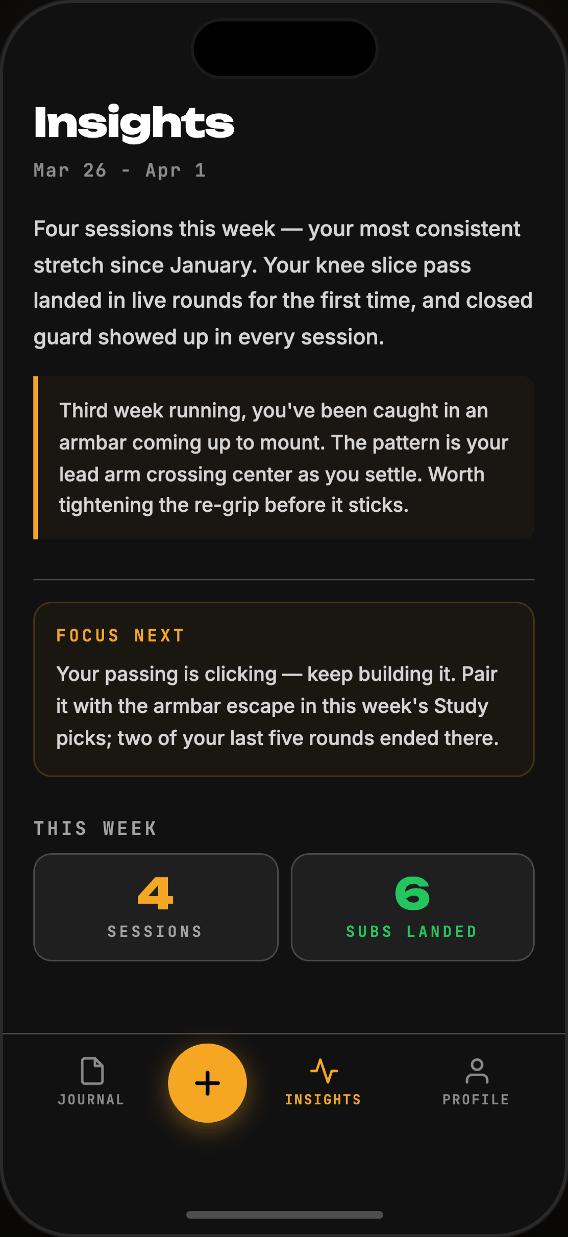 TOMO insights screen showing a weekly debrief that cites specific sessions and flags a recurring pattern