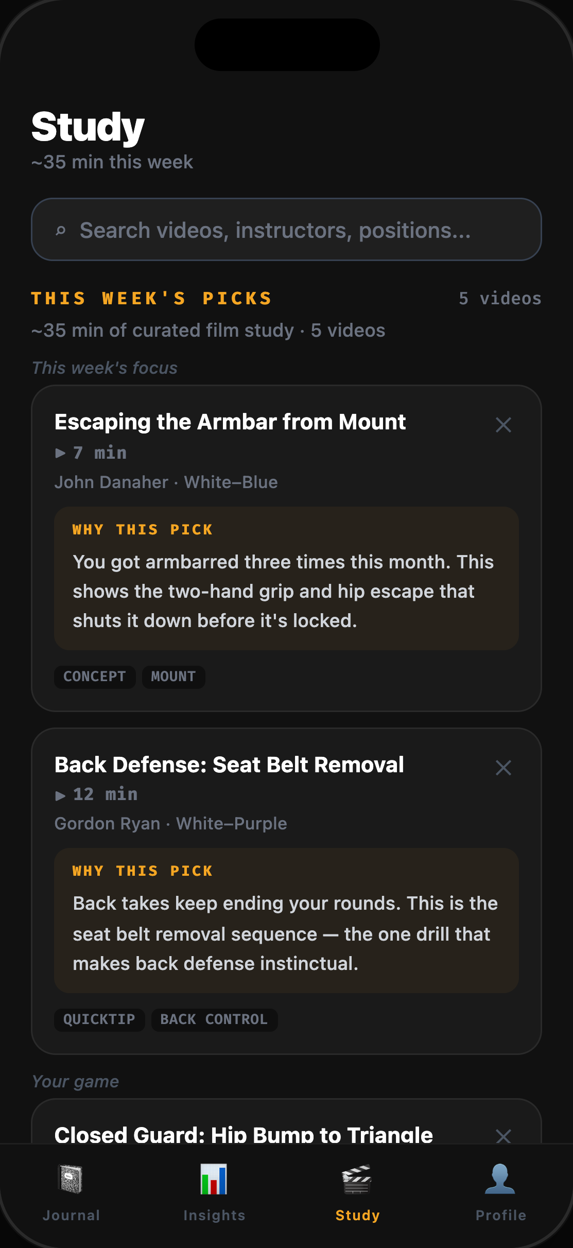 TOMO Study screen showing this week's personalized technique-video picks, each tied to the user's logged gaps